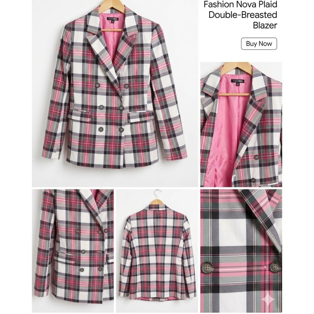 Fashion Nova Women's Plaid Double Breasted Lined Blazer Button Pink Gray S